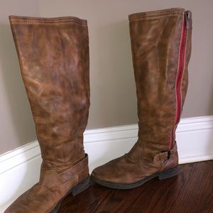 TALL TAN ZIP-UP BOOTS WITH SIDE BUCKLE
